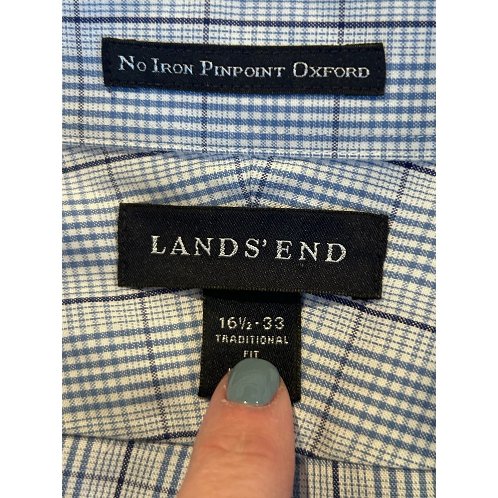 Lands End Men 16.5 33 Blue Plaid No Iron Pinpoint Oxford Dress Shirt Traditional